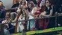 Ice Spice, from left, Taylor Swift, Este Haim and Alana Haim watch during the first half of the NFL Super Bowl 59 football game between the Kansas City Chiefs and the Philadelphia Eagles, Sunday, Feb. 9, 2025, in New Orleans. (AP Photo/Gerald Herbert)