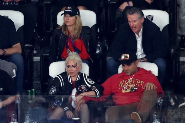 LAS VEGAS, NEVADA - FEBRUARY 11: (Top L-R) Jennifer Siebel Newsom and California Governor Gavin Newsom and (Bottom L-R) Lady Gaga with boyfriend Michael Polansky look on in the third quarter during Super Bowl LVIII between the San Francisco 49ers nad Kansas City Chiefs at Allegiant Stadium on February 11, 2024 in Las Vegas, Nevada. Rob Carr/Getty Images/AFP Rob Carr / GETTY IMAGES NORTH AMERICA / Getty Images via AFP