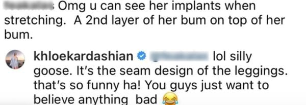 khloé Kardashian billen reactie commentaar