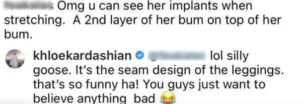 khloé Kardashian billen reactie commentaar