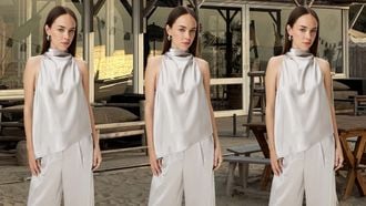 Satijnen wide leg plooibroek en top