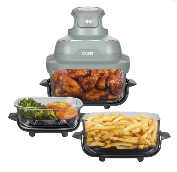 Ninja CRISPi Glazen Airfryer 4-in-1, Lichtgroen (Bundel met 1 extra schaal van 3,8 l)