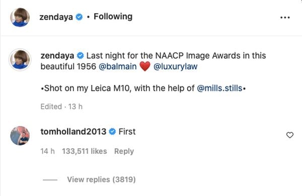 Tom Holland Zendaya reactie Instagram-post