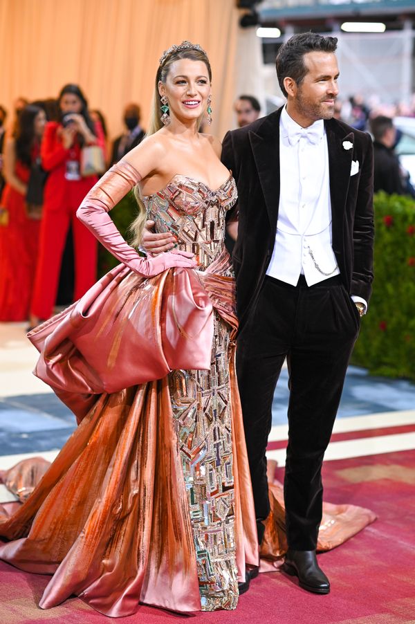 Blake Lively wearing Atelier Versace and Ryan Reynolds walking on the red carpet at the 2022 Metropolitan Museum of Art Costume Institute Gala celebrating the opening of the exhibition titled In America: An Anthology of Fashion held at the Metropolitan Museum of Art in New York, NY on May 2, 2022. (Photo by Anthony Behar/Sipa USA)