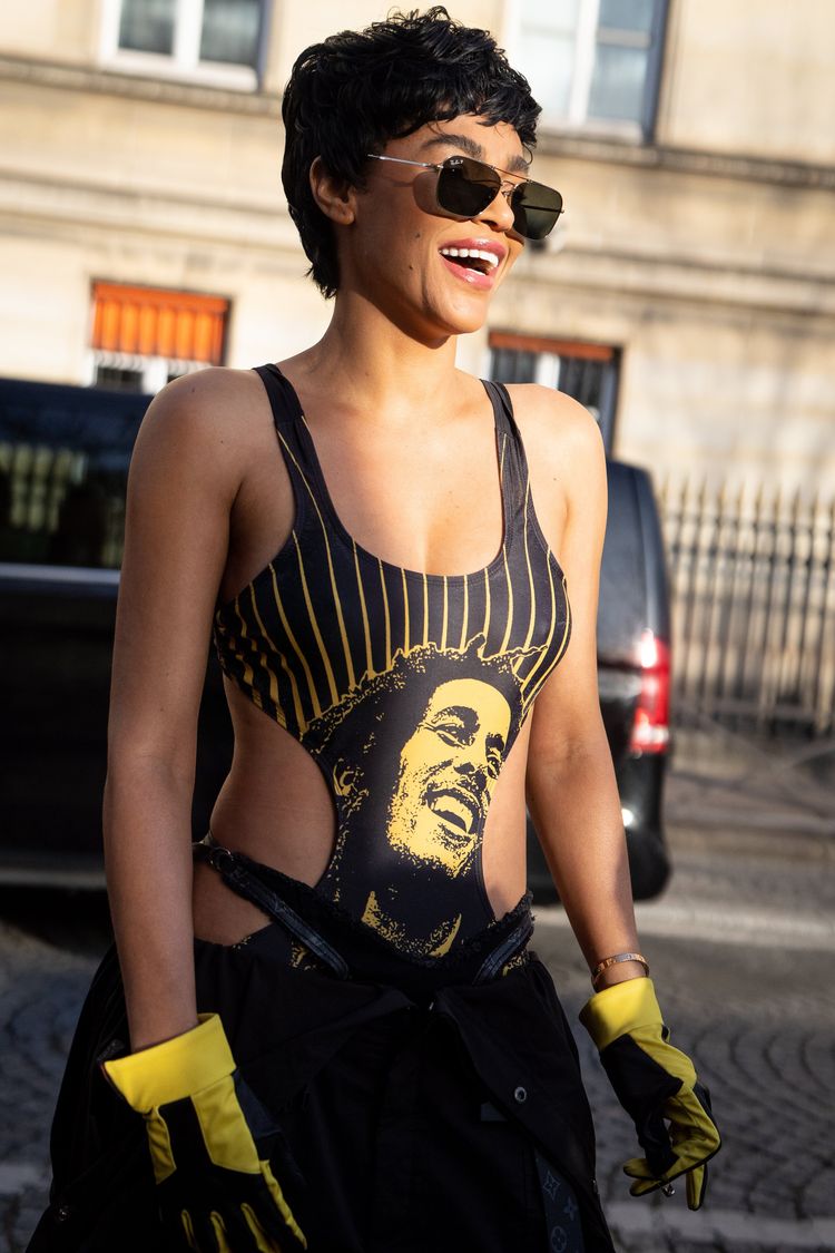 FOR EDITORIAL USE ONLY. Street style. Autumn/Winter 2024. Leila Depina at Sacai FW2024