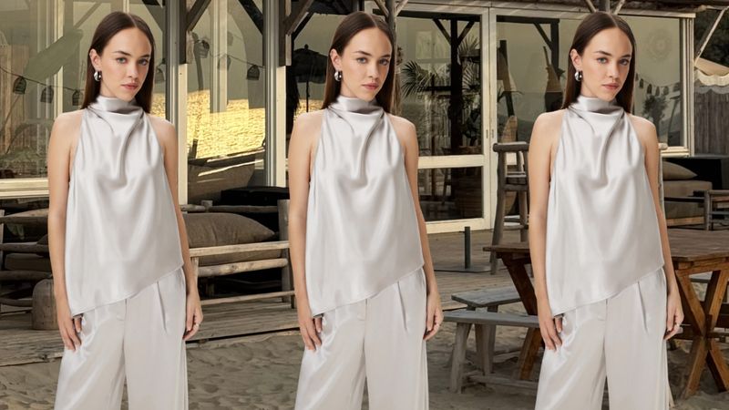 Satijnen wide leg plooibroek en top
